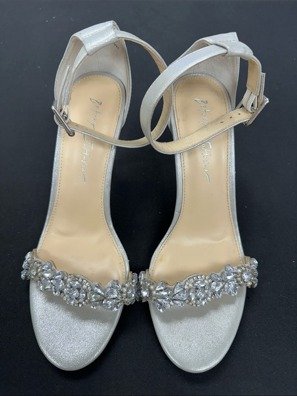 Betsey Johnson Silver Crystal Embellished Ankle-Strap Heels